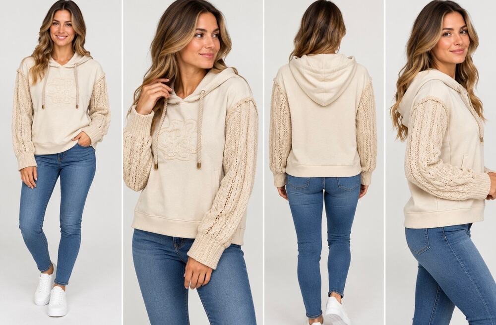 Democracy Women’s Large Cream Hoodie Cable Knit Sleeves Boho Pullover NWT